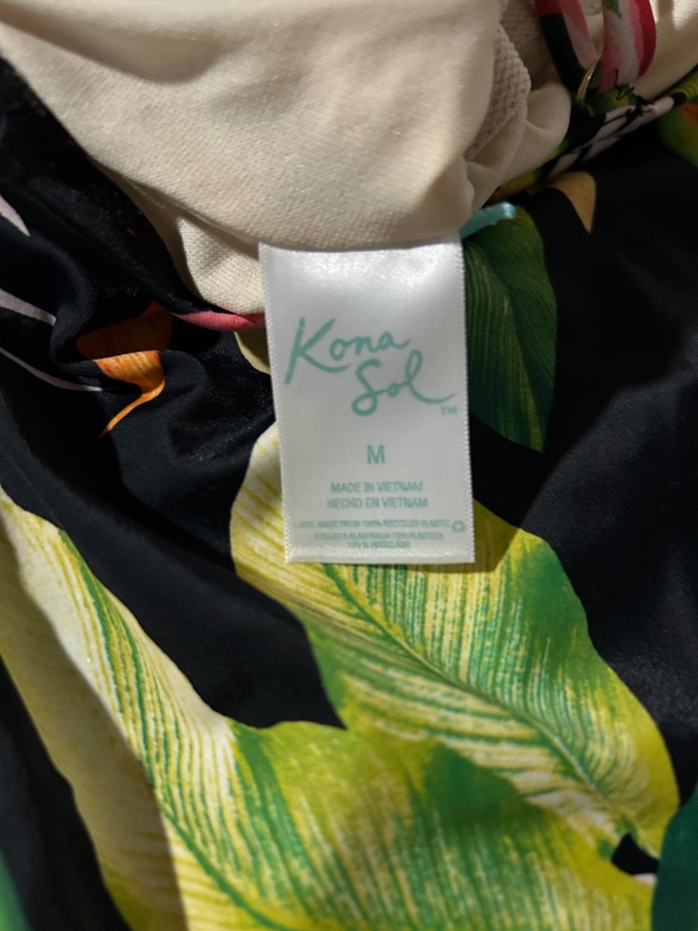 Kona Sol Black Tropical Print V-Neck Cami with Green, Yellow & Pink Leaves - Picture 2 of 4